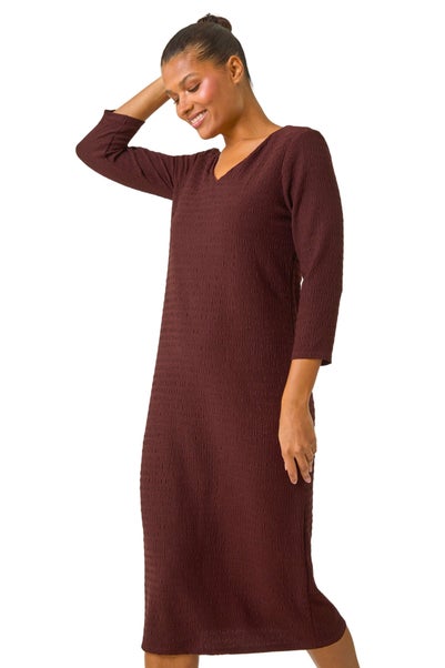 Roman Chocolate Textured V-Neck Stretch A-Line Dress