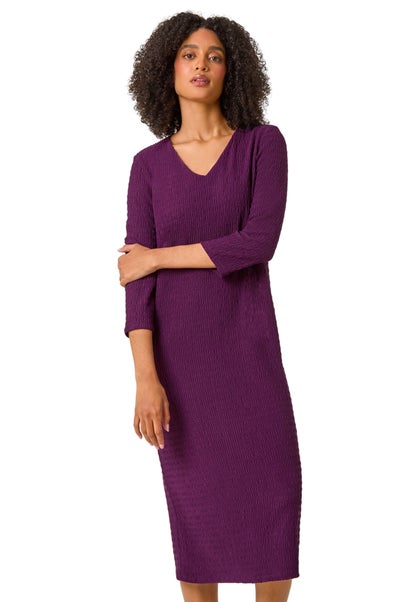 Roman Purple Textured V-Neck Stretch A-Line Dress