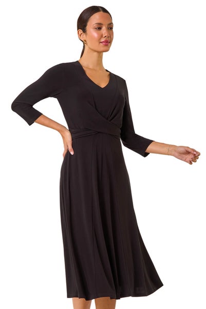 Roman Black Stretch Crossover Midi Dress