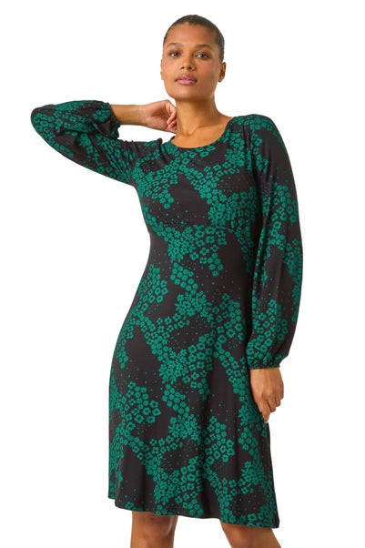 Roman Green Ditsy Floral Gathered Stretch Dress