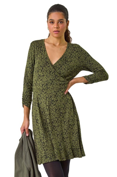 Roman Khaki Floral Print Wrap Front Stretch Dress