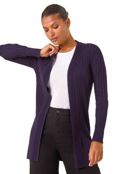 Roman Purple Longline Stretch Ribbed Cardigan