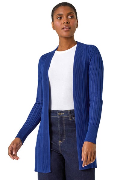 Roman Ink Blue Longline Stretch Ribbed Cardigan