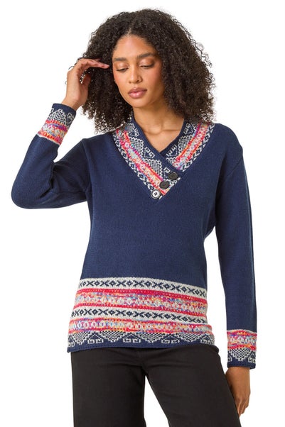 Roman Midnight Blue Nordic Print Button Detail Jumper