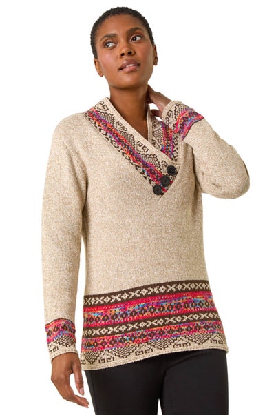 Roman Camel Nordic Print Button Detail Jumper