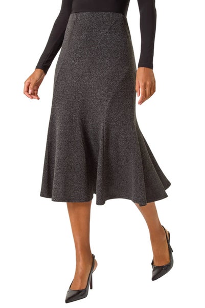 Roman Charcoal Flared Textured Midi Stretch Skirt