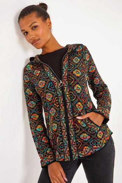 Roman Multi Aztec Zip Front Hooded Cardigan