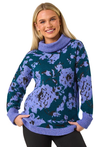 Roman Blue Petite Floral Print Roll Neck Jumper