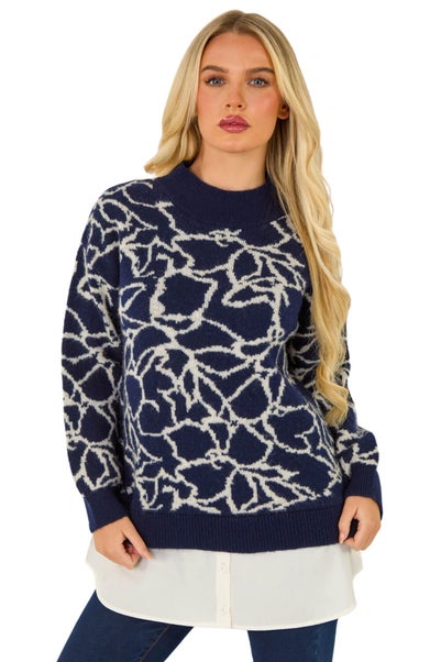 Roman Navy Floral Contrast Knit Jumper