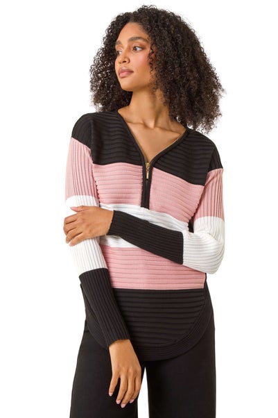 Roman Pink Cotton Blend Stripe Zip Knit