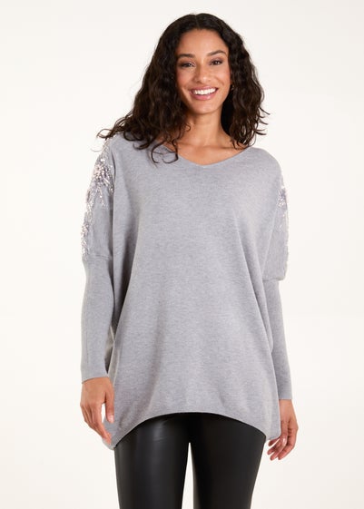 Blue Vanilla Grey Embellished Shoulder V Neck Jumper