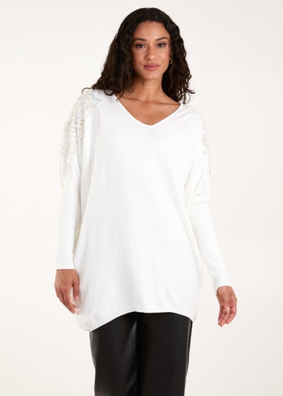 Blue Vanilla Ivory Embellished Shoulder V Neck Jumper