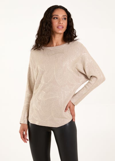 Blue Vanilla Beige Foil Leaf Print Round Neck Jumper