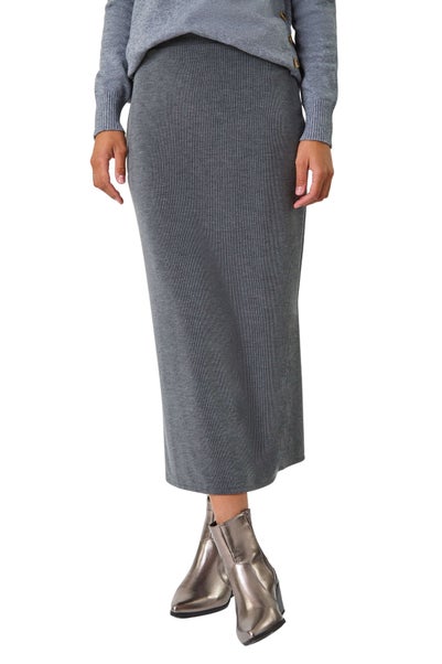 Roman Dark Grey Soft Touch Rib Midi Skirt