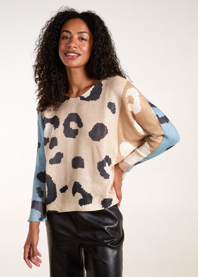 Blue Vanilla Brown Colour Block Leopard Fine Knit Jumper