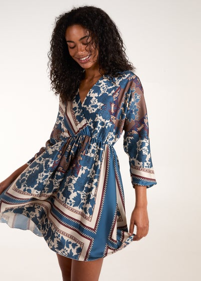 Blue Vanilla Teal Scarf Print Batwing Crossover Dress