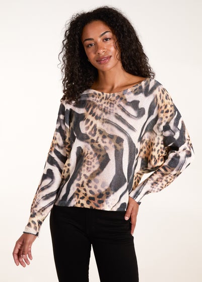 Blue Vanilla Brown Leopard Abstract Fine Knit Jumper