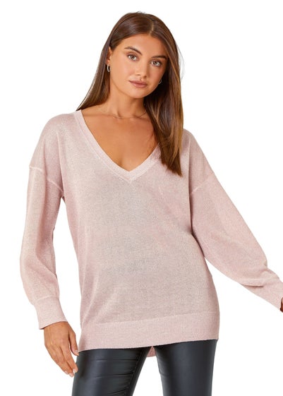 Roman Light Pink Relaxed Stretch Shimmer V-Neck Jumper