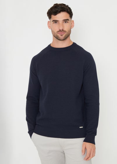 Threadbare Navy Textured Stripe Knitted Crew Neck Jumper