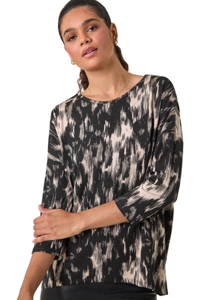 Roman Black Abstract Print Stretch Jersey Top