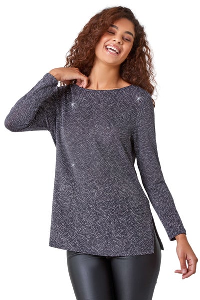 Roman Grey Sparkle Cowl Back Detail Stretch Top