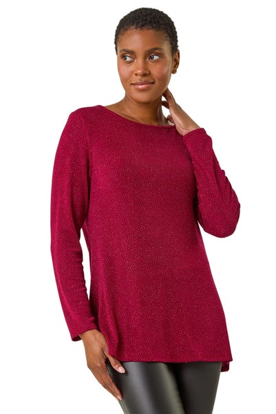 Roman Red Glitter Cowl Back Stretch Tunic Top