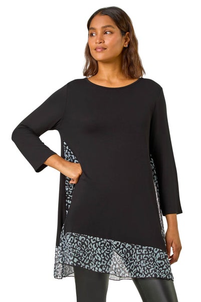 Roman Black Animal Print Contrast Mesh Hem Stretch Top