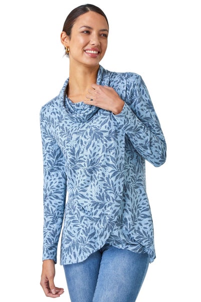 Roman Blue Floral Print Cowl Neck Stretch Top