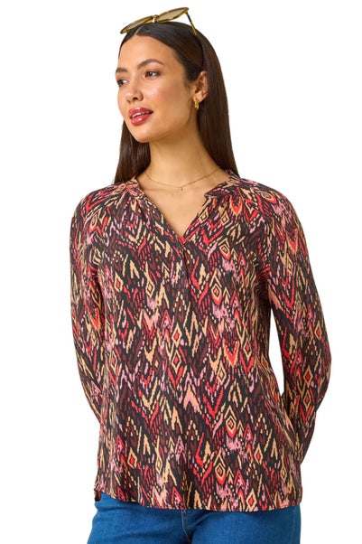 Roman Orange Aztec Print V-Neck Cuff Sleeve Top