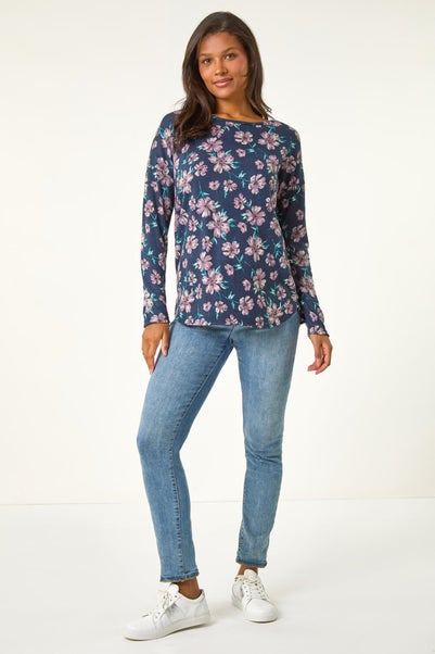 Roman Navy Floral Print Soft Touch Top