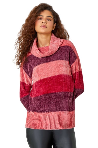 Roman Burgundy Chenille Striped Cowl Neck Jumper