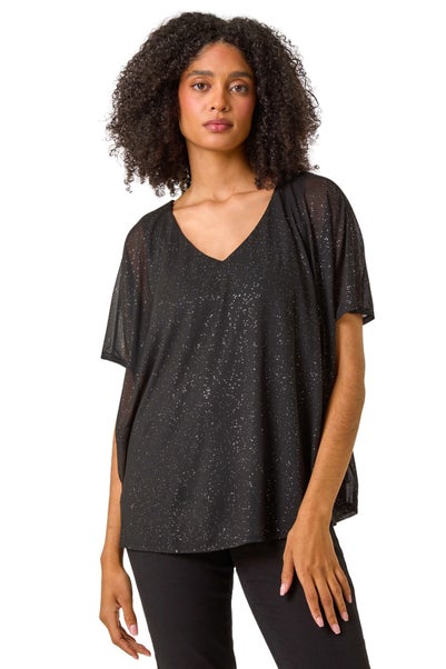 Roman Black Glitter Mesh Overlay Tunic Stretch Top