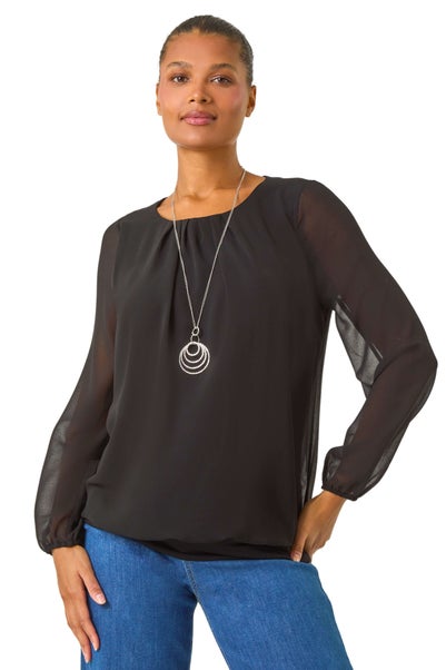 Roman Black Chiffon Banded Hem Pleated Top