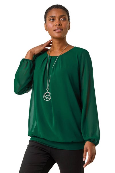 Roman Green Chiffon Banded Hem Pleated Top