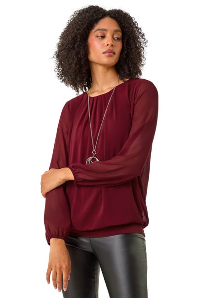 Roman Burgundy Chiffon Banded Hem Pleated Top