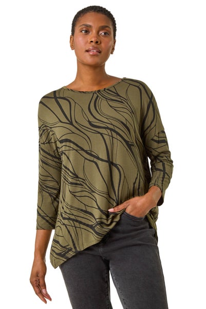 Roman Khaki Abstract Line Print Stretch Jersey Top