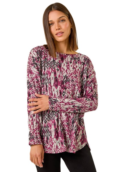 Roman Maroon Floral Ikat Print Ribbed Top