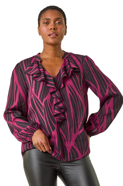 Roman Purple Linear Print V-Neck Ruffle Front Top