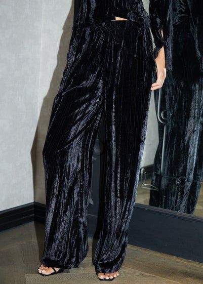 Threadbare Black Crinkle Velvet Wide Leg Trousers