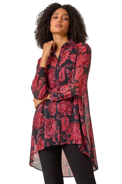 Roman Red Floral Longline Button Detail Shirt