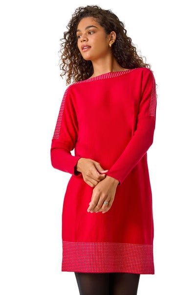 Roman Red Spot Print Border Knitted Jumper Dress