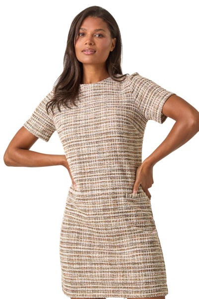 Roman Tan Textured Pocket Stretch Shift Dress