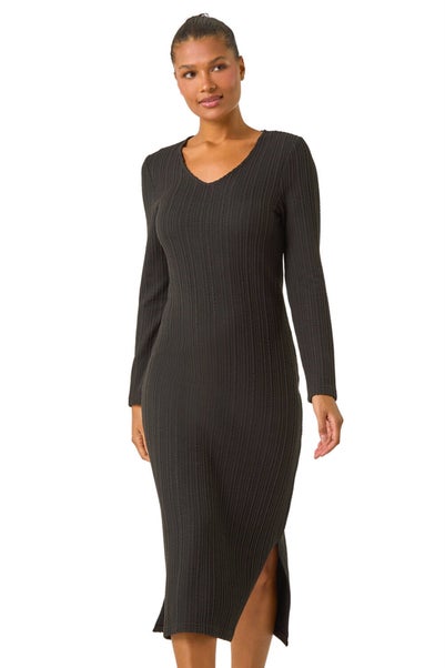 Roman Black Wave Textured V-Neck Stretch Midi Dress