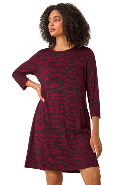 Roman Burgundy Abstract Print A-Line Dress