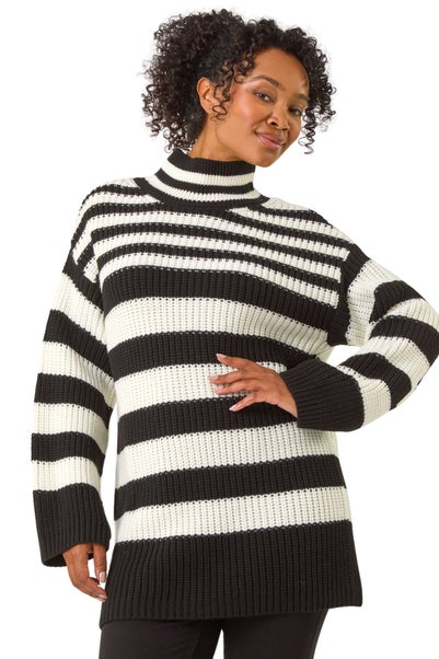 Roman Black Petite Stripe High Neck Jumper