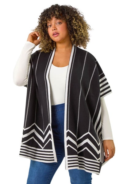 Roman Black Curve Stripe Hem Square Poncho