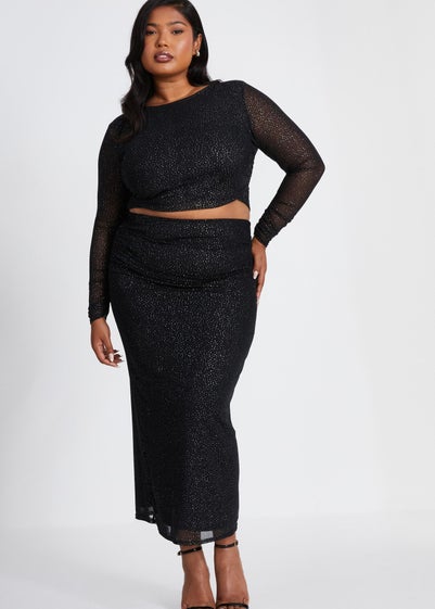 Quiz Black Curve Glitter Mesh Midaxi Skirt