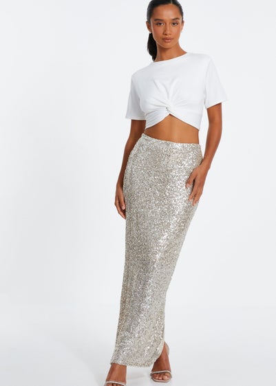 Quiz Champagne Petite Sequin Maxi Skirt