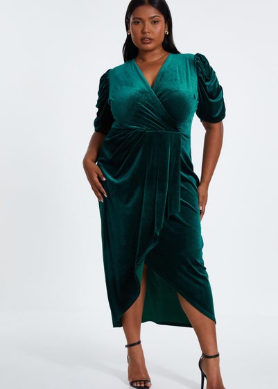 Quiz Green Curve Velvet Wrap Midi Dress