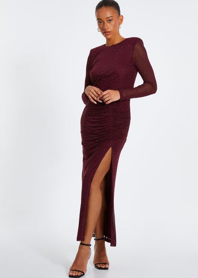 Quiz Burgundy Rhinestone Mesh Ruched Midaxi Dress